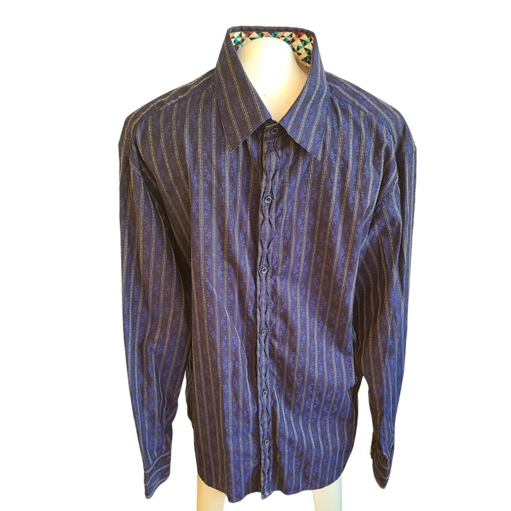 Robert Graham Mens XL Navy Blue Striped Floral Embroidered Button‎ Down Shirt